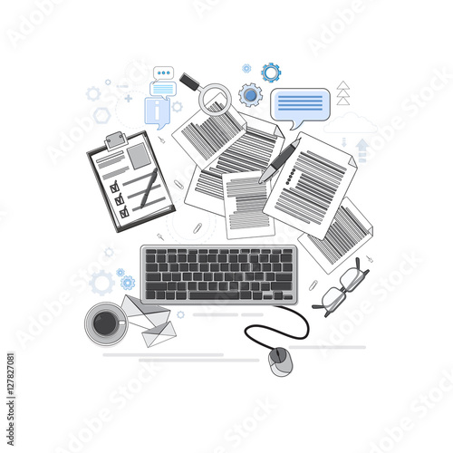 Office Workplace Desk Top Angle View Thin Line Vector Illustration