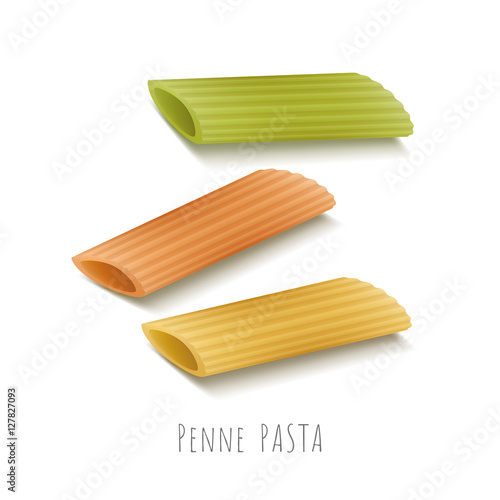 Icon of penne pasta. Food is symbol of italian cuisine menu. Tricolor cartoon macaroni: red, green and yellow. Vector illustration isolated on white background.