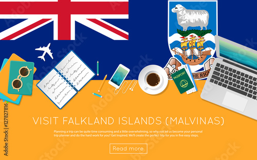 Visit Falkland Islands (Malvinas) concept for your web banner or print materials. Top view of a laptop, sunglasses and coffee cup on Falkland Islands (Malvinas) national flag. photo