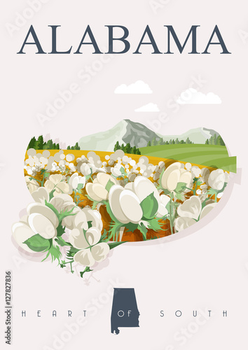 Alabama vector poster. American travel banner. Illustration about United States of America. Background with USA theme