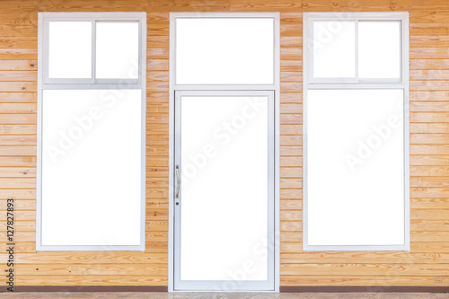 Isolated of door and windows frame on bright pine wooden wall