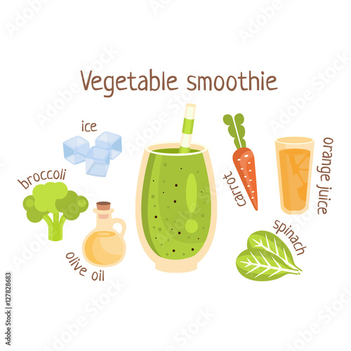 Vegetable Smoothie Infographic Recipe With Needed Ingredients And Finished Mixed Non-Alcoholic Cocktail Drink In The Middle Cartoon Vector Illustration.