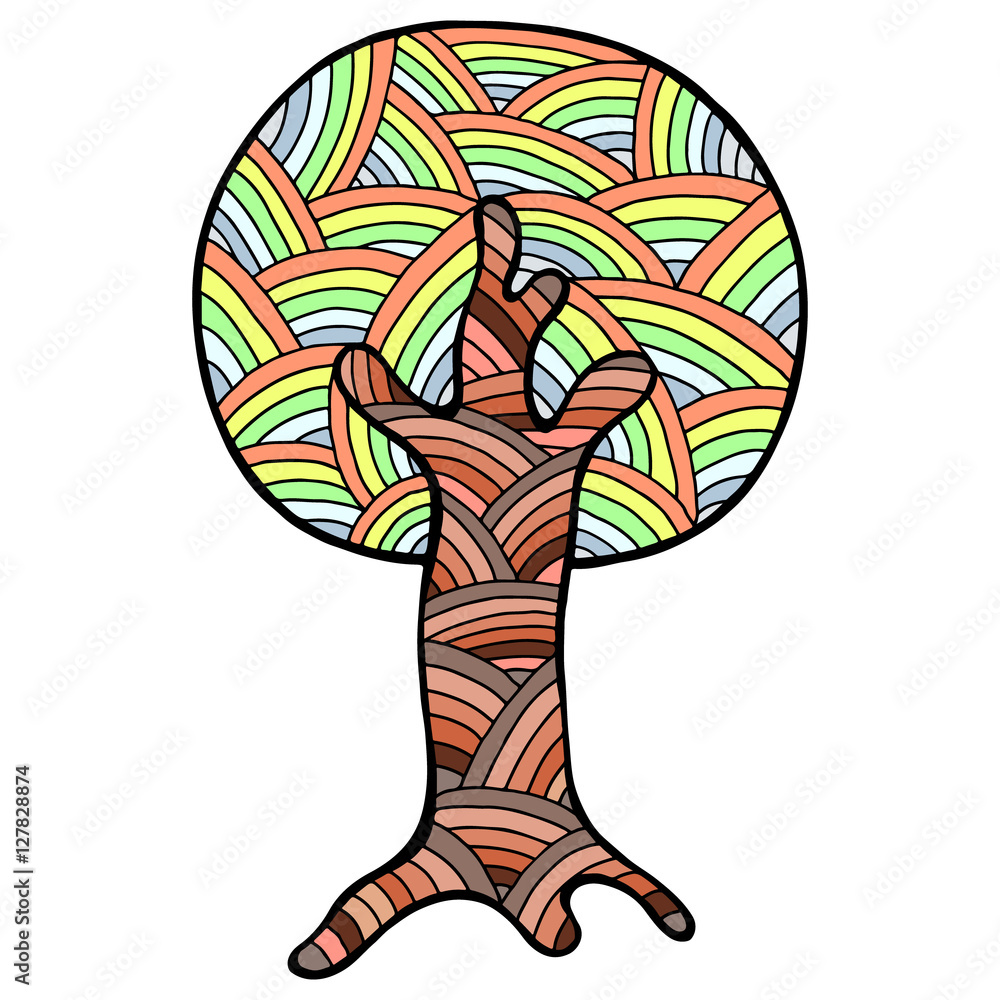 Vector hand drawn illustration, decorative ornamental stylized tree. Colorful Abstract graphic illustration isolated on the white background. Artistic drawing silhouette. Decorative  ornamental wood