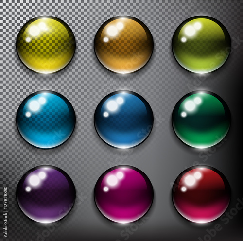 Abstract vector web buttons set of 9. Isolated with realistic, transparent glass shine and shadow on the dark background. Vector illustration. Eps10.