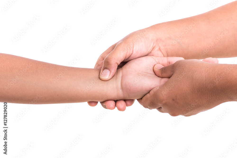 Woman's hand holding children's hand isolated on white backgroun Woman's hand holding children's hand isolated on white backgroun