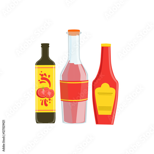 Set Of Three Industrial Sauces In Plastic Bottles Including Asian Soy, Spicy And Ketchup