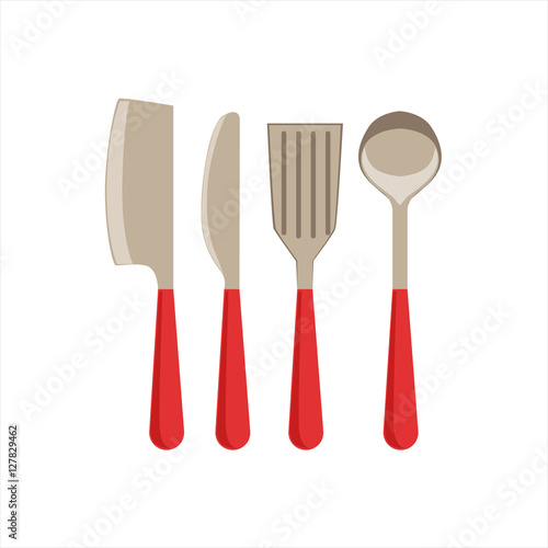 Asian Knife, Sarp Knife, Spatula And Ladle Set Of Metal Kitchen Utensils With Plastic Red Handle photo