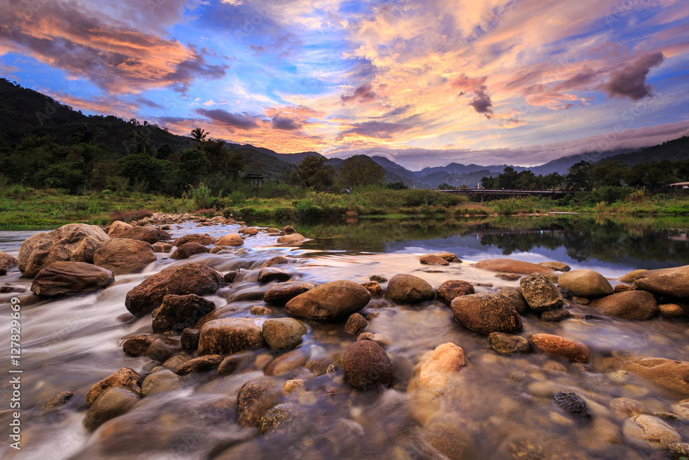 Small river and beautiful sunset in Kiriwong village. The best O Small river and beautiful sunset in Kiriwong village. The best O