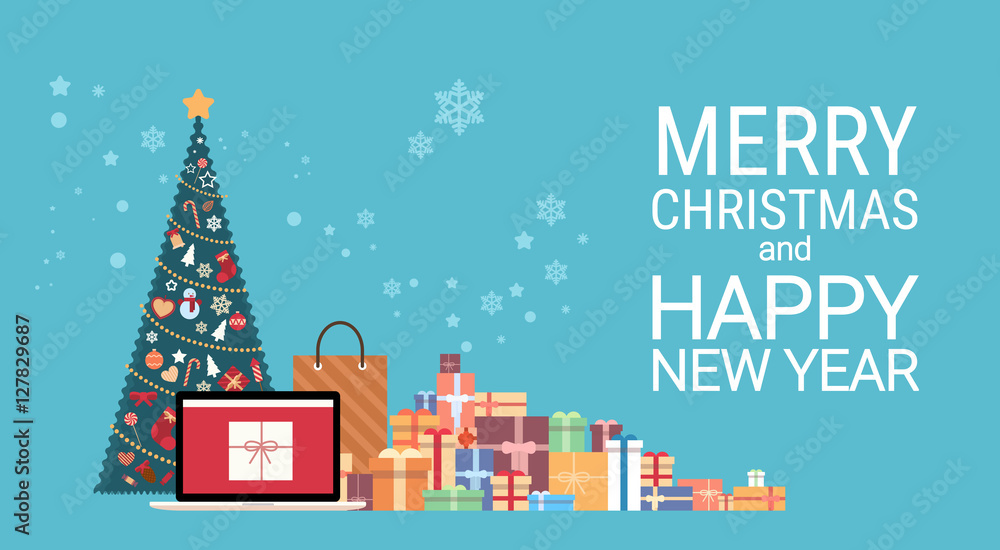 Christmas Green Tree With Gift Box Laptop Computer Happy New Year Merry Christmas Banner Flat Vector Illustration