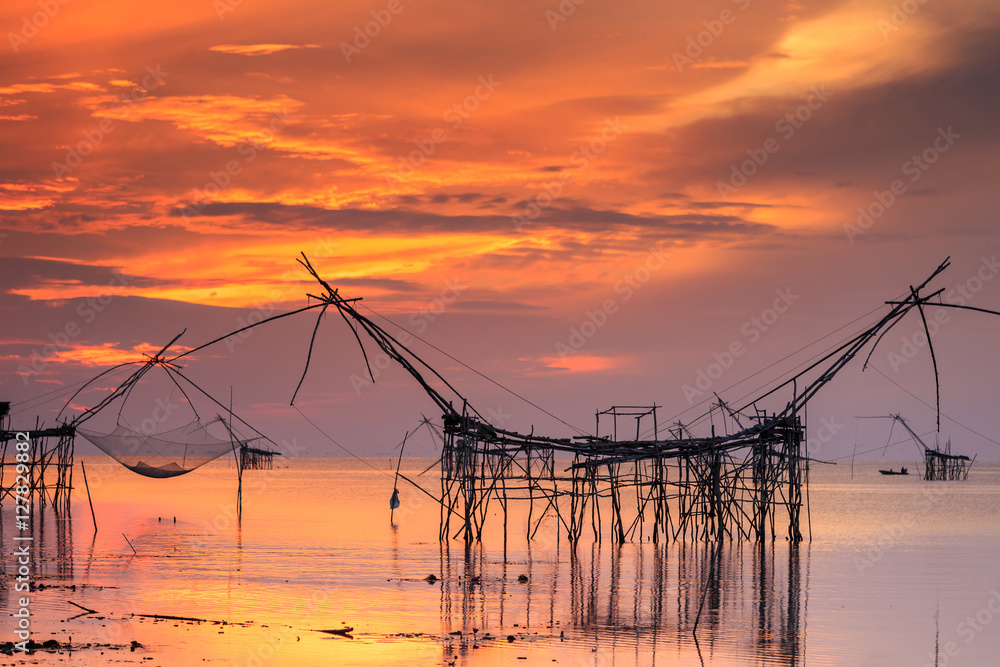 Beautiful sky and sunrise at Pak Pra village, Net fishing place