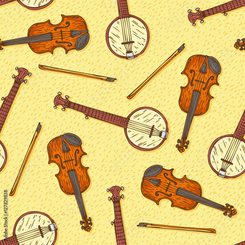 Seamless Pattern with Wooden Fiddle and Banjo