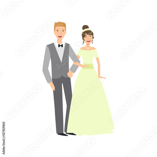 Bride And Groom Newlywed Couple In Traditional Greenish Wedding Dress And Suit Smiling And Posing For Photo