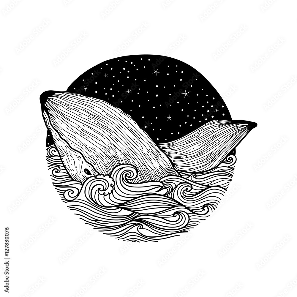 Obraz premium Whale jumping out of the waves on a night starry sky and curl waves background with doodle zentangle elements, design for clothing print, cards,invitations, printing cover.isolated on white background