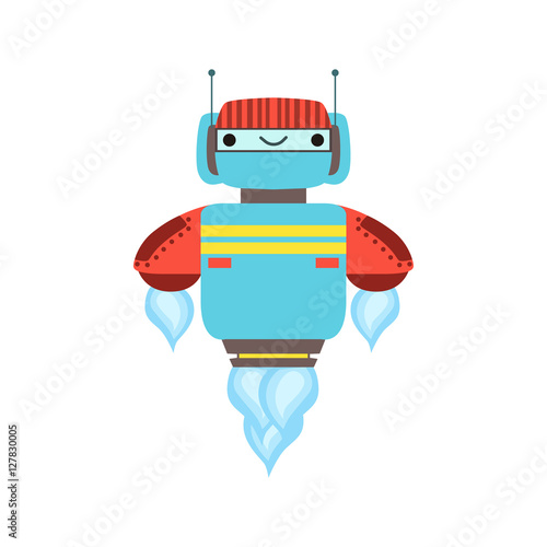 Blue And Red Friendly Android Robot Character Floating Mid Air Vector Cartoon Illustration
