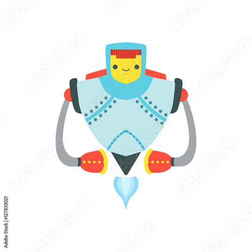 Strong Metal Flying Friendly Android Robot Character Vector Cartoon Illustration