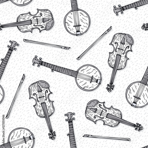 Seamless Pattern with Wooden Fiddle and Banjo