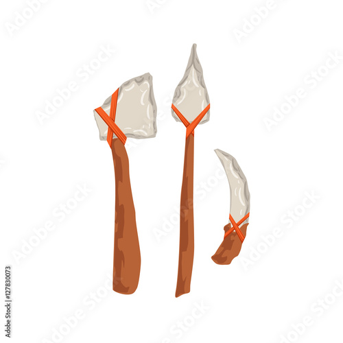 Set Of Man Made Stone Age Troglodyte Tools And Weapons, Icluding Axe, Spear And Knife Made Of Tusk