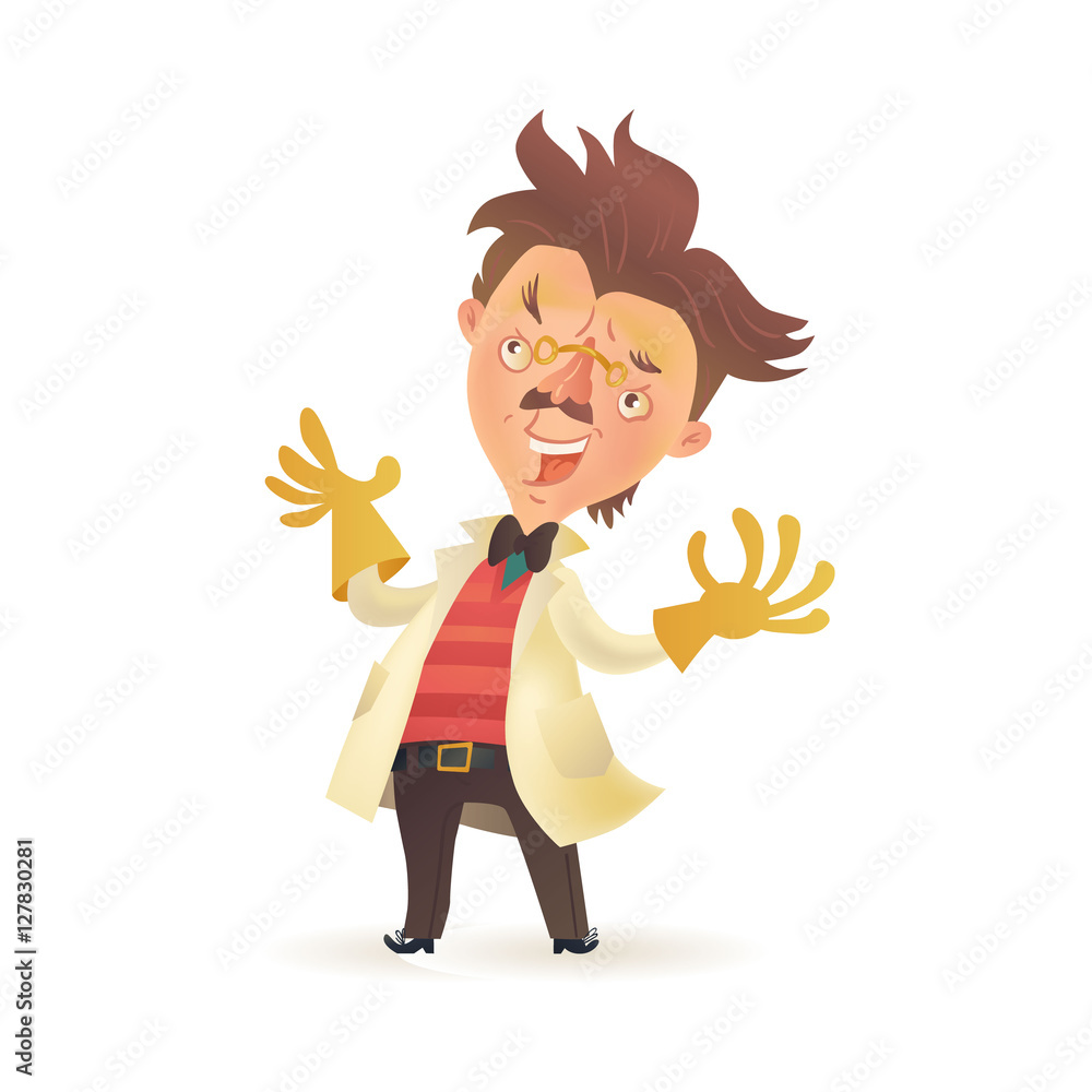 Bushy haired mad professor wearing lab coat and raising hands in rubber ...