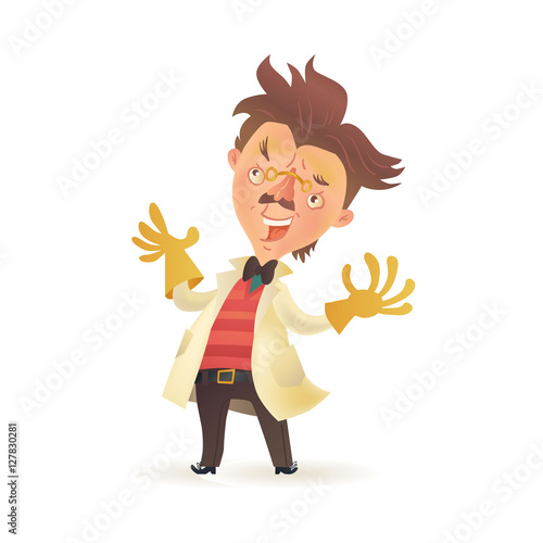 Bushy haired mad professor wearing lab coat and raising hands in rubber gloves, cartoon illustration isolated on white background. Crazy comic scientist, mad professor, chemist, doctor