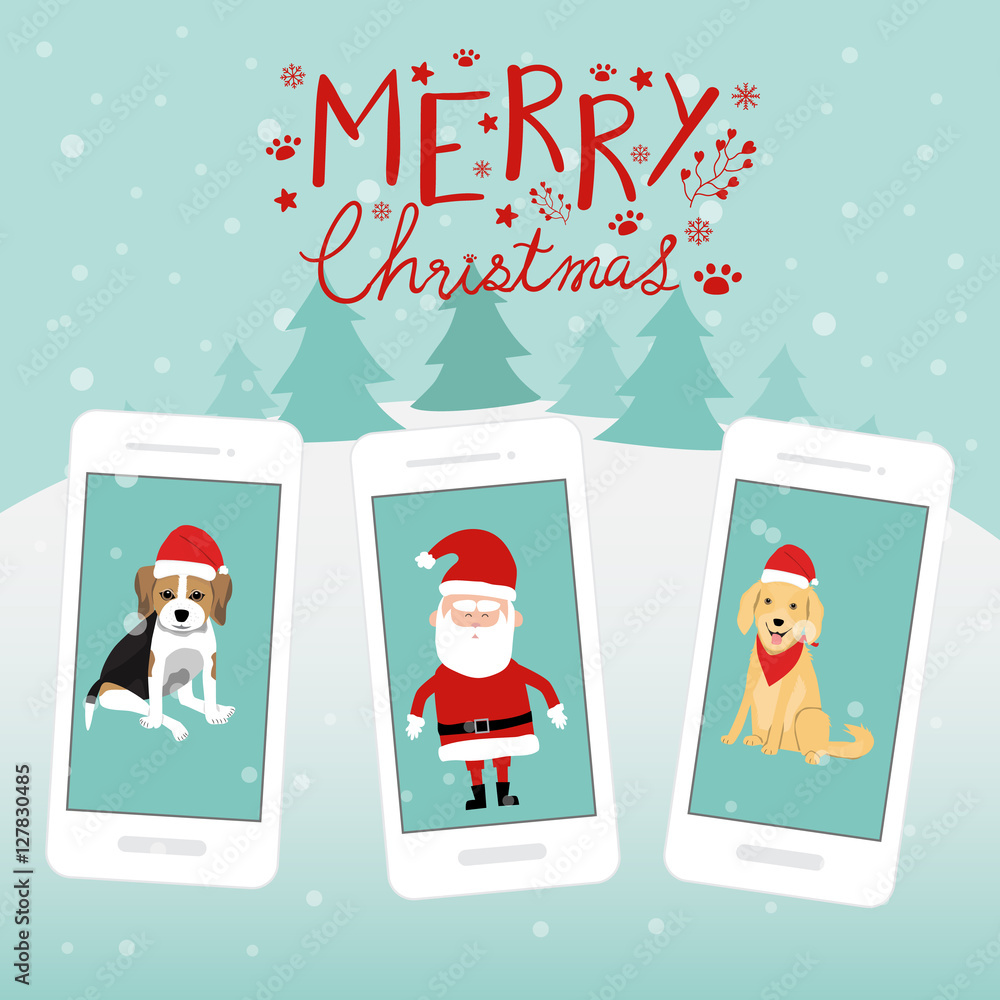 Fototapeta premium Merry christmas santa claus dogs Begle Golden Retriever on the s