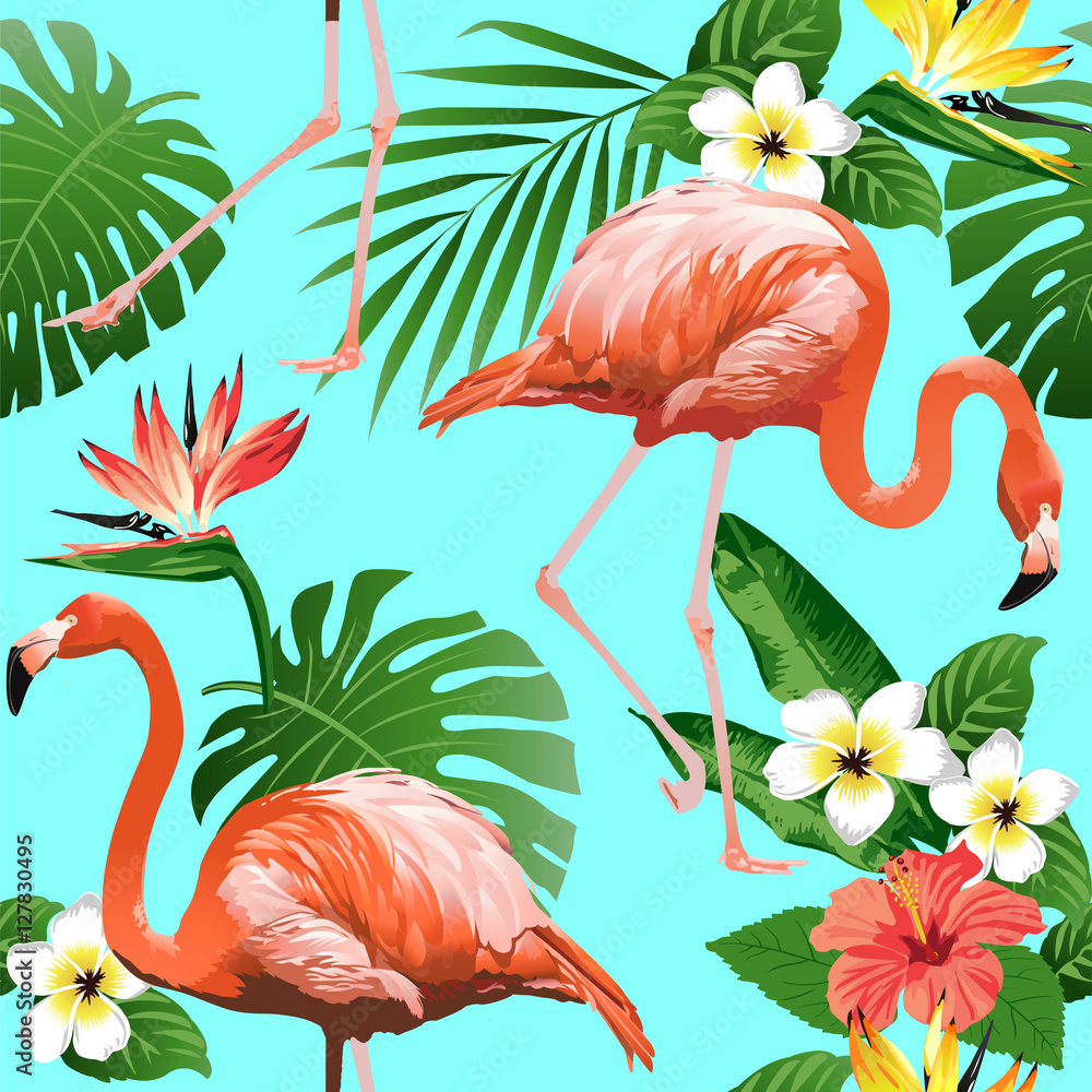 Fototapeta premium Flamingo Bird and Tropical Flowers Background - Seamless pattern vector.