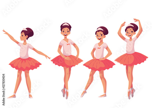 Graceful pretty young ballerina in pink tutu, cartoon style vector illustrations isolated on white background. Little ballet dancer in pink tutu in various poses of classical ballet