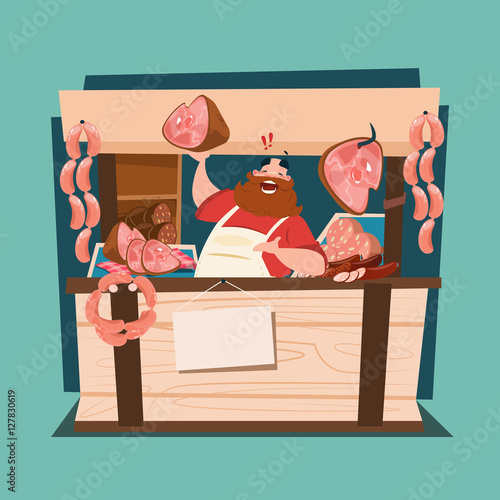 Farmer Sell Pork Meat Products On Eco Farm Organic Market Flat Vector Illustration