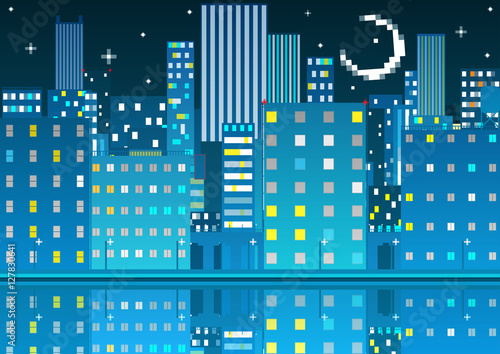 Pixel art night city card. Vector illustration