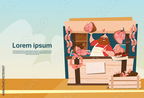Farmer Sell Pork Meat Products On Eco Farm Organic Market Flat Vector Illustration