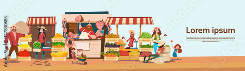 Farmer Family Sell Harvest Products Grocery On Eco Farm Organic Market Seasonal Sale Flat Vector Illustration