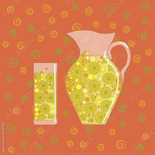 Illustration with the image of a glass and carafe of lemonade. A decanter filled with orange juice.