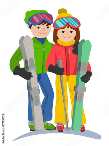 Happy couple of young people man and woman funny skiers in full growth. Vector illustration in a flat design isolated on white background.