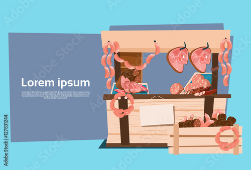 Market Sell Pork Meat Products On Eco Farm Organic Food Flat Vector Illustration