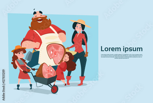 Farmer Family Hold Pig Leg Pork Butcher Animal Farm Flat Vector Illustration