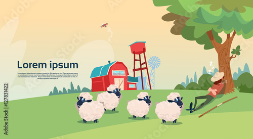 Farmer Shepherd Breeding Sheep Wool Farm Flat Vector Illustration