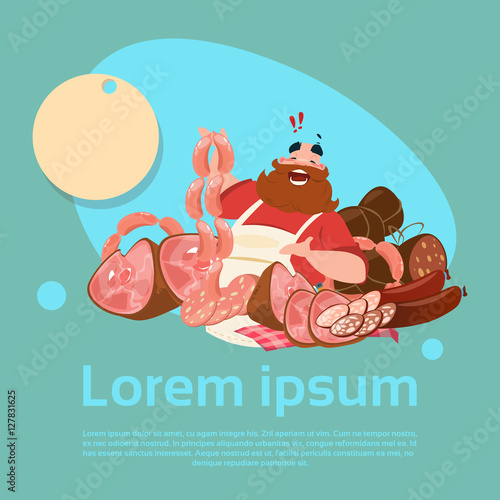 Farmer Sell Pork Meat Products On Eco Farm Organic Market Flat Vector Illustration