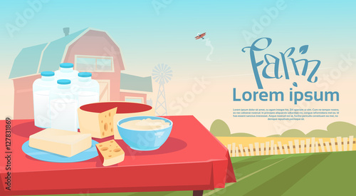 Table With Milk Dairy Products Eco Fresh Farm Background Flat Vector Illustration