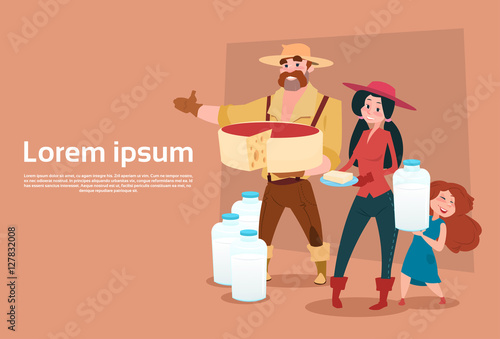 Farmers Family Milkers Fresh Milk Dairy Products Eco Farming Banner Flat Vector Illustration