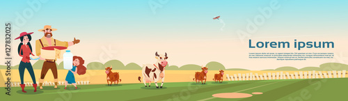 Farmers Family Cows Fresh Milk Dairy Products Eco Farming Banner Flat Vector Illustration