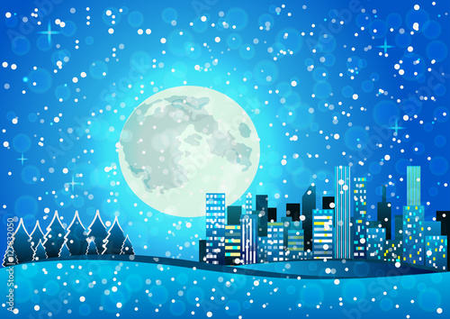 Snow Pixel art night city card. Vector illustration