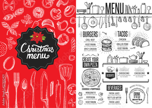 Christmas party invitation, food menu restaurant.