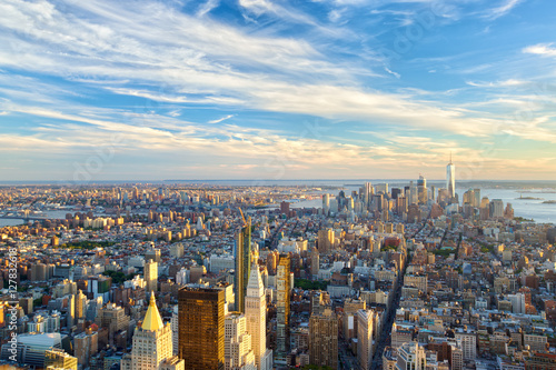 Manhattan skyline at sunset aerial view  New York City
