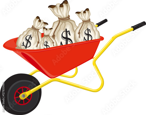 Full sack currency of dollar money finance in a wheel barrow vector illustration