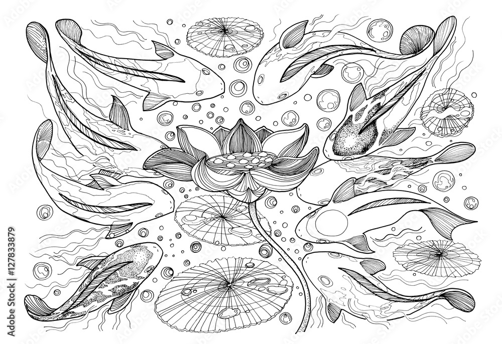 Naklejka nine Koi fish and lotus sacred images