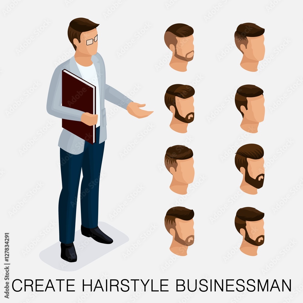 Trendy isometric set 3, qualitative study, a set of men's hairstyles,  hipster style. Fashion Styling, beard, mustache. The style of today's young  businessman. Vector illustration Stock Vector | Adobe Stock