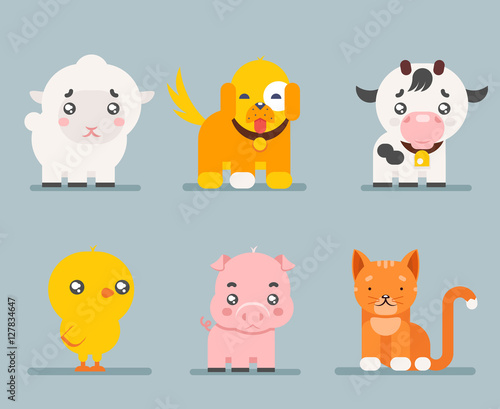 Cute farm animals cartoon flat design icons set character vector illustration