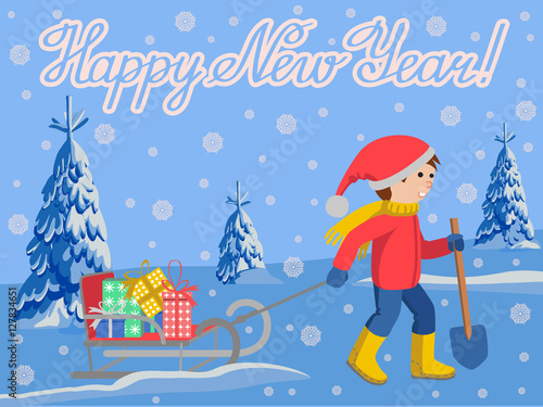 Vector illustration of congratulation card new year with little child pulling a sled, cartoon style lettering.