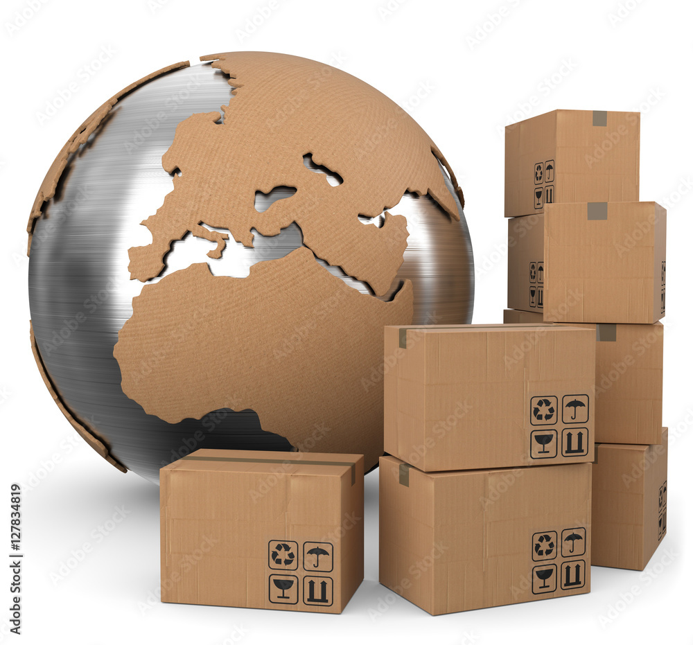 3d Paketdienst lieferst seine Pakete rund um den Globus weltweit. StockIllustration Adobe Stock