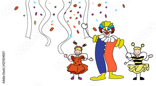 Clown mit Kindern als Biene und Käfer zur Faschingszeit