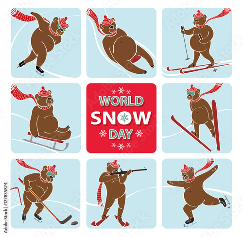 World snow day.Bear plays winter sport